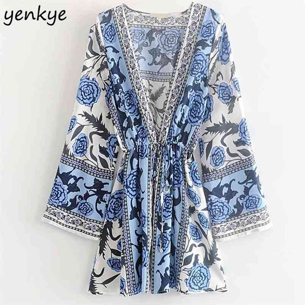 women blue floral print summer casual dress female deep v neck long sleeve drawstring waist a-line short 210514, Black;gray
women blue floral print summer casual dress female deep v neck long sleeve drawstring waist a-line short 210514, Black;gray