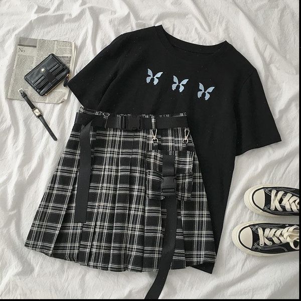 black gothic casual 2 pieces womens pants skirts set butterfly embroidery short sleeve t shirt high waist belt mini skirt, White
black gothic casual 2 pieces womens pants skirts set butterfly embroidery short sleeve t shirt high waist belt mini skirt, White
