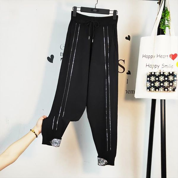 spring fashion knitting black womens pants high waist diamond harajuku casual loose trouster design kz104, Black;white
spring fashion knitting black womens pants high waist diamond harajuku casual loose trouster design kz104, Black;white