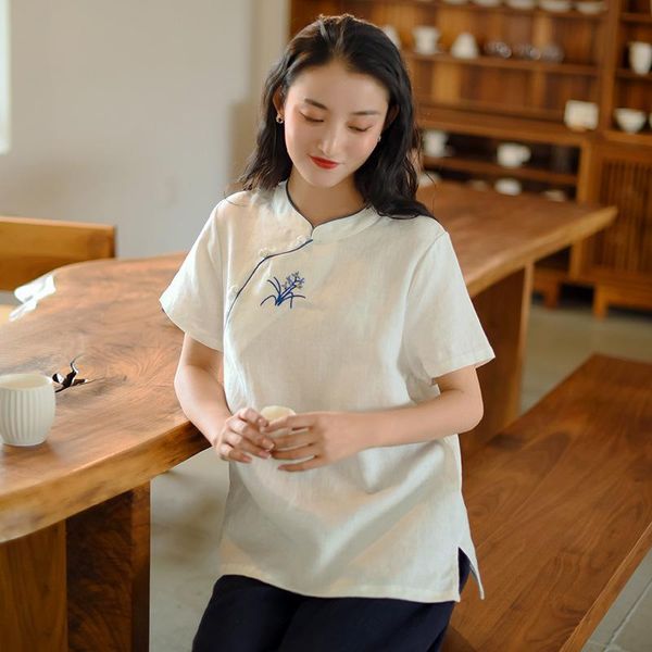 women's blouses & shirts johnature women chinese style embroidery floral and 2021 summer solid color stand short sleeve female, White
women's blouses & shirts johnature women chinese style embroidery floral and 2021 summer solid color stand short sleeve female, White