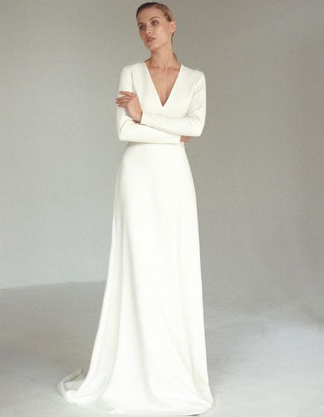 other wedding dresses simple satin 2021 long sleeve deep v-neck sweep train open back floor-length bridal gowns vestido de novia, White
other wedding dresses simple satin 2021 long sleeve deep v-neck sweep train open back floor-length bridal gowns vestido de novia, White