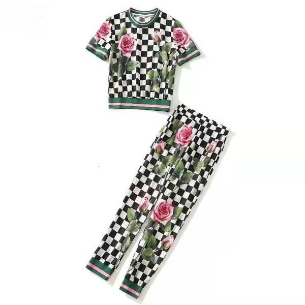 women's two piece pants european and american women's wear for spring short sleeved rose-checked print t-shirt nine minutes of pan, White
women's two piece pants european and american women's wear for spring short sleeved rose-checked print t-shirt nine minutes of pan, White
