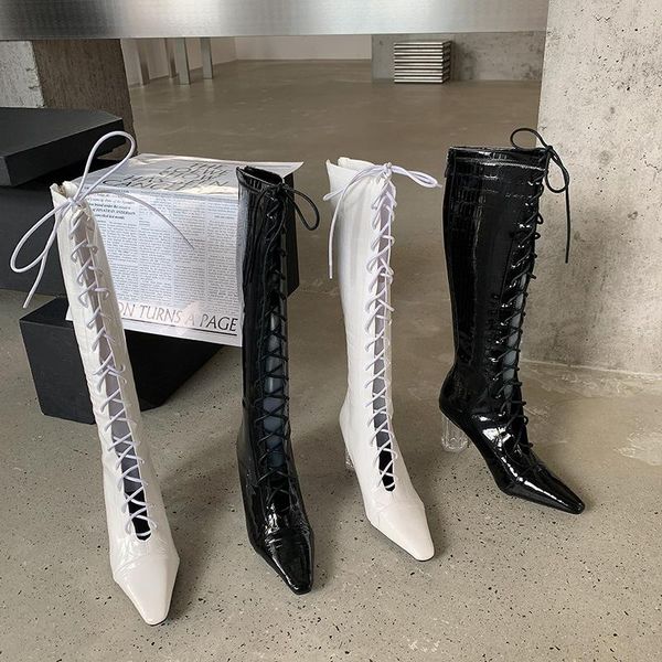 boots patent leather women knee high cross tied lace up back zipper black/white knight booties heels size 35-39
boots patent leather women knee high cross tied lace up back zipper black/white knight booties heels size 35-39