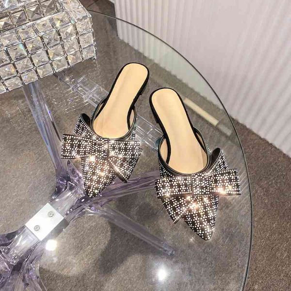 flip flop baotou half women wearing outside in summer fashion flat pointed rhinestone mules shoes bow slippers, Black 
flip flop baotou half women wearing outside in summer fashion flat pointed rhinestone mules shoes bow slippers, Black