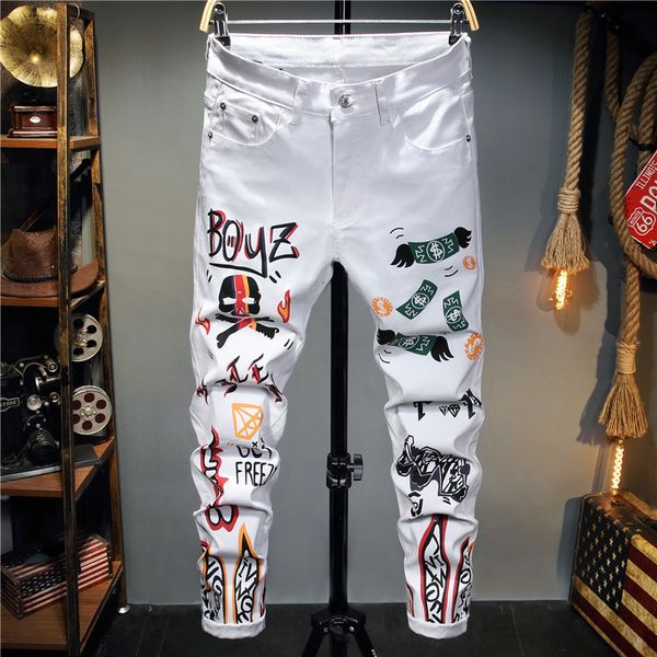 fashion boutique pants stretch men's jeans printed white skull casual small straight, Black
fashion boutique pants stretch men's jeans printed white skull casual small straight, Black