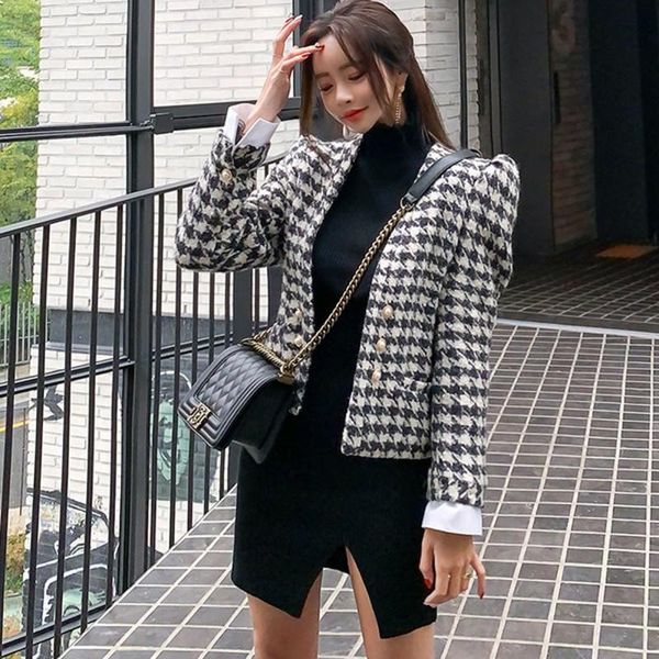 women elegant houndstooth patchwork tweed coat single-breasted puff sleeve jacket office wear female casual outwear women's jac, Black;brown
women elegant houndstooth patchwork tweed coat single-breasted puff sleeve jacket office wear female casual outwear women's jac, Black;brown