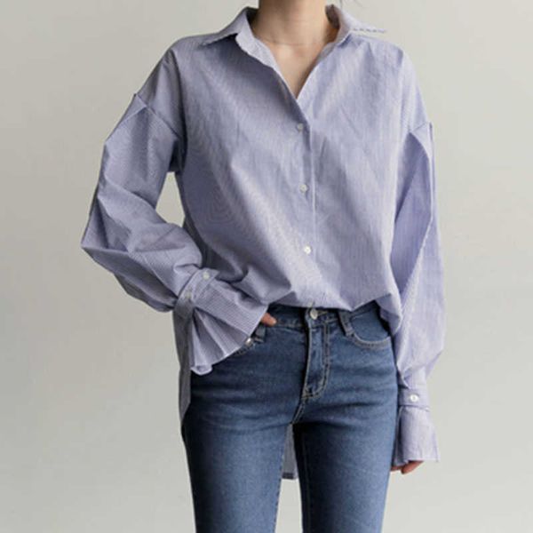 spring and summer petal sleeve shirts loose medium and long bf blue white striped bottoming blouse women 210615
spring and summer petal sleeve shirts loose medium and long bf blue white striped bottoming blouse women 210615