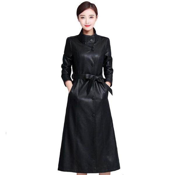 women's leather & faux autumn x-long jacket women winter trench coat with belt plus size 5xl fashion overcoat, Black 
women's leather & faux autumn x-long jacket women winter trench coat with belt plus size 5xl fashion overcoat, Black