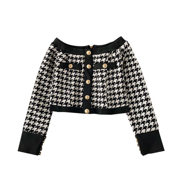 women black white plaid houndtooth button cropped slash neck knitted long sleeve shorts two pieces set b0408 210514, White;black
women black white plaid houndtooth button cropped slash neck knitted long sleeve shorts two pieces set b0408 210514, White;black