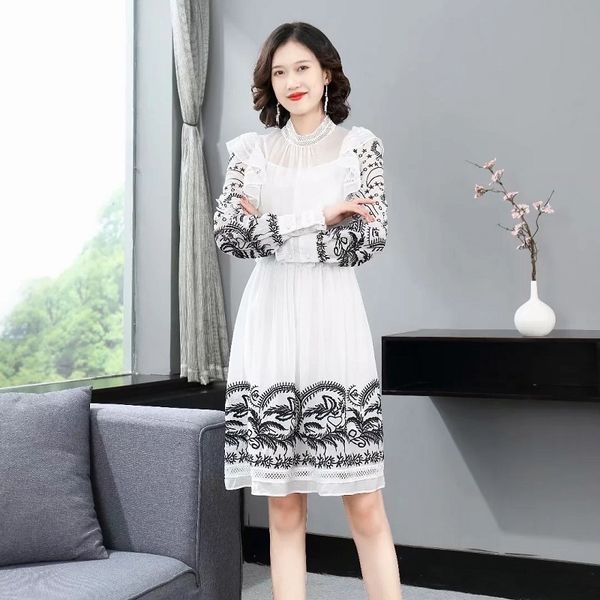 dresses brand chiffon spring summer clothing women stand neck vintage embroidery ruffle white 2pc, Black;gray
dresses brand chiffon spring summer clothing women stand neck vintage embroidery ruffle white 2pc, Black;gray