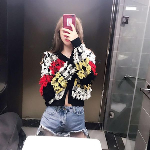 women's knits & tees autumn handmade v-neck contrast three color tassel knitted sweater cardigan, White
women's knits & tees autumn handmade v-neck contrast three color tassel knitted sweater cardigan, White