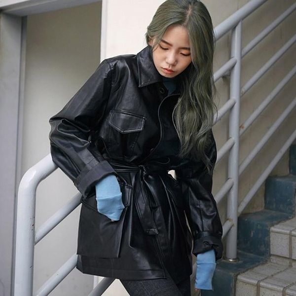 women's leather & faux 2021 autumn winter coat pocket single buckle long sleeve slim waist belts pu jacket clothing, Black
women's leather & faux 2021 autumn winter coat pocket single buckle long sleeve slim waist belts pu jacket clothing, Black