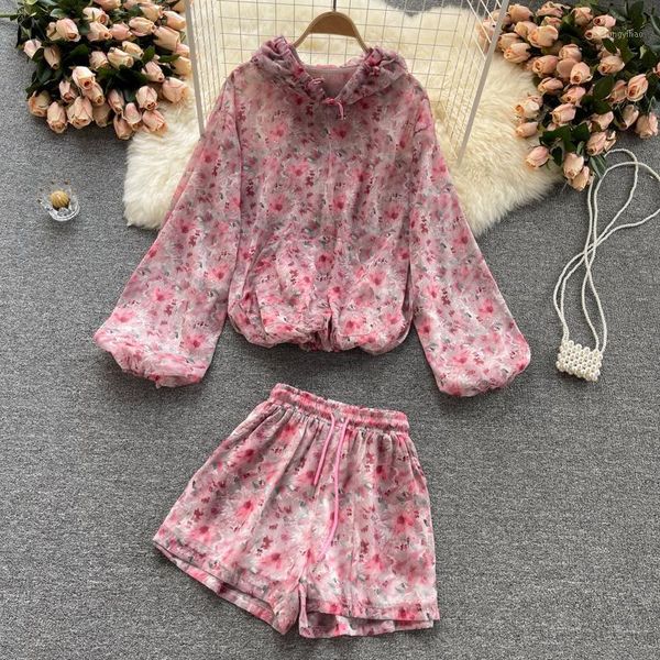 women's tracksuits summer floral printed 2pcs set women pink hooded pullover chiffon blouse + wide leg shorts female elegant two piece, Gray
women's tracksuits summer floral printed 2pcs set women pink hooded pullover chiffon blouse + wide leg shorts female elegant two piece, Gray