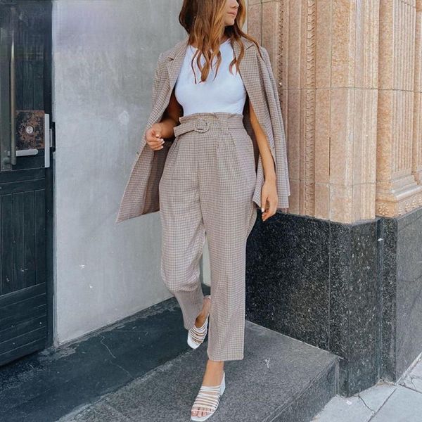 women's two piece pants simplee fashion plaid women blazer suits long sleeve single-breasted belt set office ladies two-piece sets, White
women's two piece pants simplee fashion plaid women blazer suits long sleeve single-breasted belt set office ladies two-piece sets, White