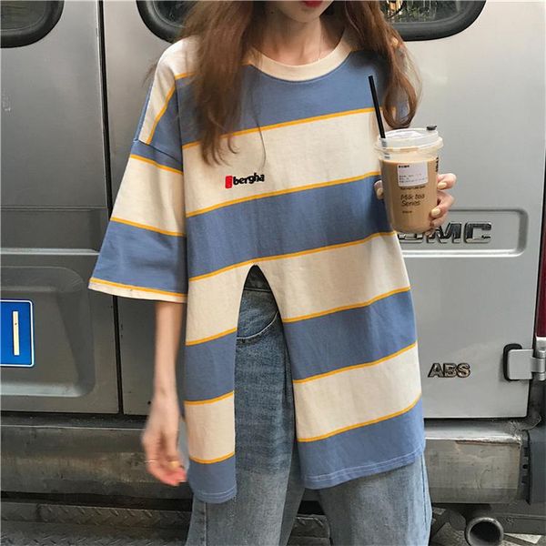 women's t-shirt summer korean style o-neck short sleeve striped casual split ends t-shirts clothing fashion brand loose modis, White
women's t-shirt summer korean style o-neck short sleeve striped casual split ends t-shirts clothing fashion brand loose modis, White
