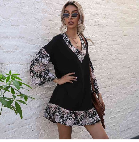 fashionable stitching printed v neck flared long sleeved mini dress women's spring summer casual floral short dress 210413, Black;gray
fashionable stitching printed v neck flared long sleeved mini dress women's spring summer casual floral short dress 210413, Black;gray