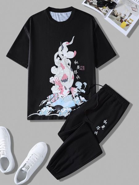 men random chinese letter and fish print tee & drawstring waist sweatpants f3y8#, Gray
men random chinese letter and fish print tee & drawstring waist sweatpants f3y8#, Gray