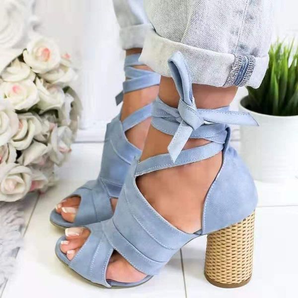 sandals europe high heels women 2021 summer lace-up flock casual shoes woman size 34-43 quality, Black