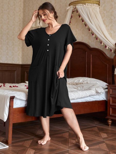 plus half button dual pockets sleep dress j1nb#, Black;white 
plus half button dual pockets sleep dress j1nb#, Black;white