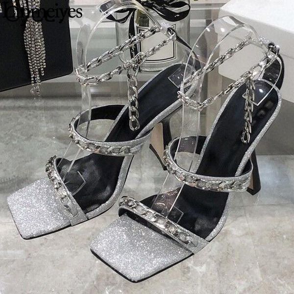 sandals gladiator woman narrow band chain square toe high heel modern black silvery party runway summer women
sandals gladiator woman narrow band chain square toe high heel modern black silvery party runway summer women