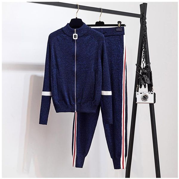women's two piece pants amolapha woman zipper shining knitted cardigans+striped 2pcs sets trousers knit tracksuit outfit, White