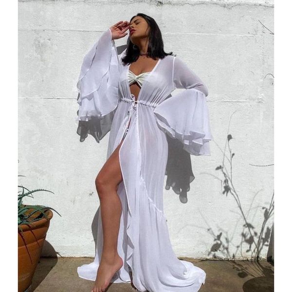 women's swimwear 2021 beach dress summer print women cover up solid long tunic bubble sleeve swimsuit with belt bathing suit, White;black
women's swimwear 2021 beach dress summer print women cover up solid long tunic bubble sleeve swimsuit with belt bathing suit, White;black
