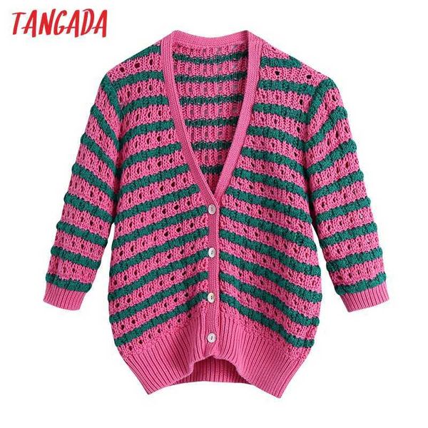 tangada women hollow out striped cropped knitted cardigan jumper vintage v neck short sleeve female chic be529 210609, White 
tangada women hollow out striped cropped knitted cardigan jumper vintage v neck short sleeve female chic be529 210609, White