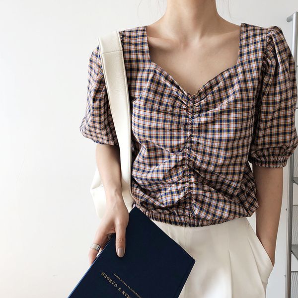 women's blouses & shirts high waist plaid short shirt summer square collar casual blousers french style bubble sleeve 19vk, White
women's blouses & shirts high waist plaid short shirt summer square collar casual blousers french style bubble sleeve 19vk, White