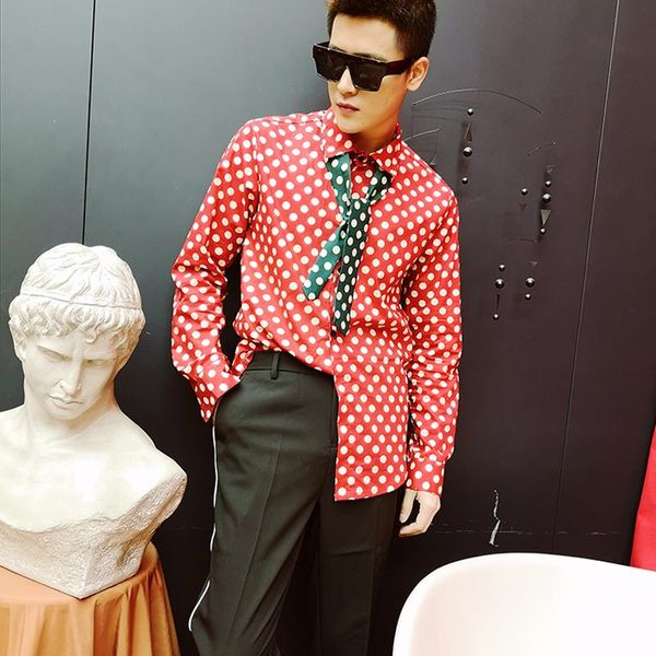 men's casual shirts men long sleeve tie collar polka dot slim fit shirt male business party dress singer dancer stage show costumes, White;black
men's casual shirts men long sleeve tie collar polka dot slim fit shirt male business party dress singer dancer stage show costumes, White;black