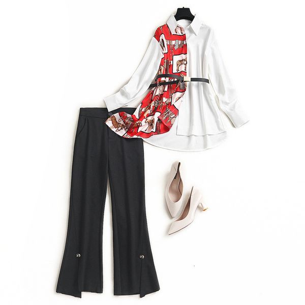 short elegant designers women's clothes two pieces spring lady printing white blouse and suit flare pants sets, White;black
short elegant designers women's clothes two pieces spring lady printing white blouse and suit flare pants sets, White;black