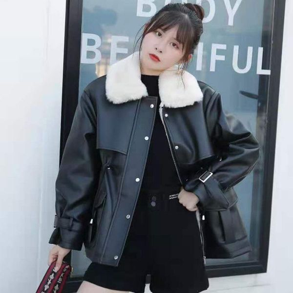 women's leather & faux coat autumn winter 2021 fashion casual commuter pu plus velvet parker cotton warm high-quality fur collar, Black
women's leather & faux coat autumn winter 2021 fashion casual commuter pu plus velvet parker cotton warm high-quality fur collar, Black