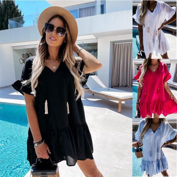 women's swimwear 2021 solid v-neck short sleeve draped dress summer loose vacation beach stitching, White;black
women's swimwear 2021 solid v-neck short sleeve draped dress summer loose vacation beach stitching, White;black