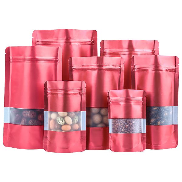 

100pcs Stand up Matte Red Window Zip Lock Aluminum Foil Bag Resealable Meat Coffee Powder Snack Nuts Xmas Wedding Gifts Heat Sealing Packaging Pouches