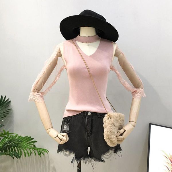 women's t-shirt women hollow beaded knitted slim lace stitching v-neck thin solid color long-sleeve casual, White
women's t-shirt women hollow beaded knitted slim lace stitching v-neck thin solid color long-sleeve casual, White