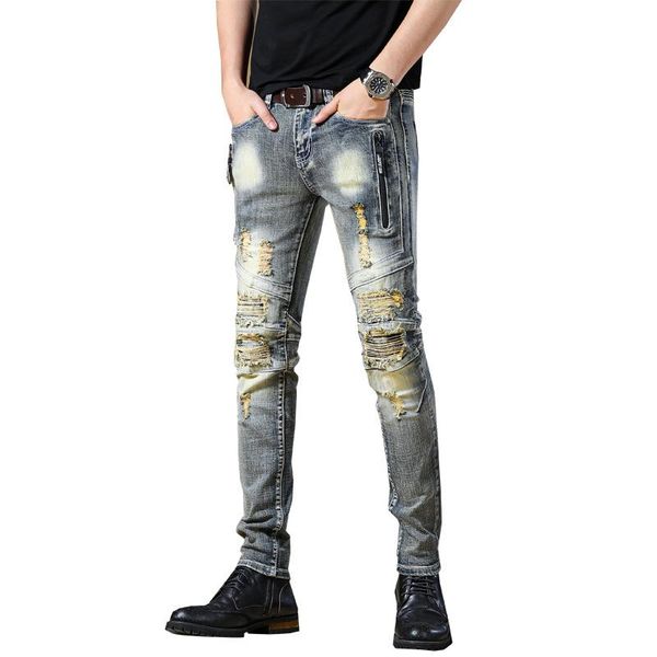 men's jeans mcikkny men ripped biker pleated pants zipper pockets stretch denim trousers for male patchwork, Blue
men's jeans mcikkny men ripped biker pleated pants zipper pockets stretch denim trousers for male patchwork, Blue