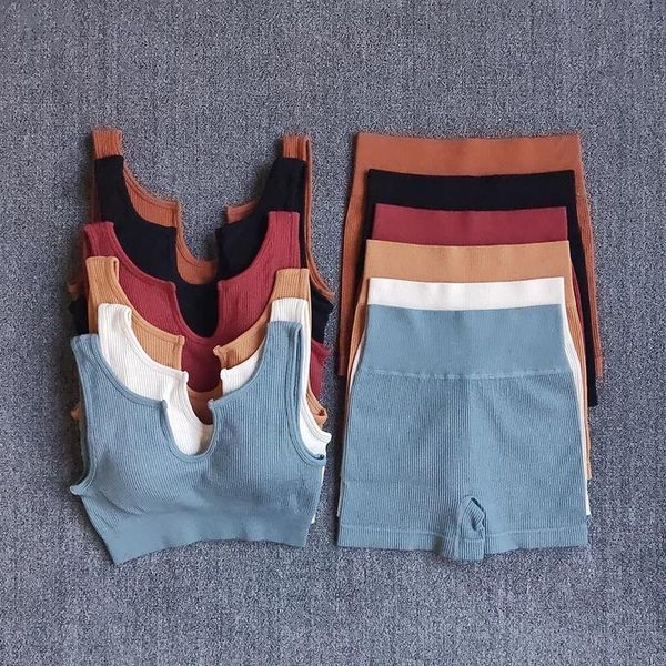 yoga outfit gaueneen high waist shorts sets seamless sports suit gym clothes fitness women bra ribbed workout set outfits