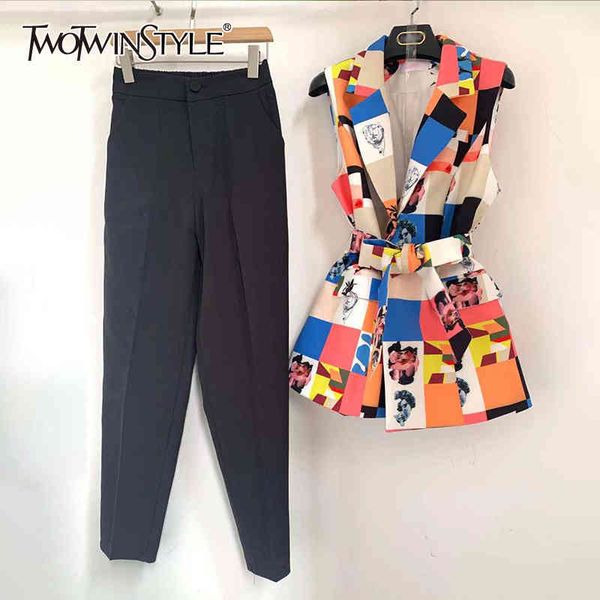 print two piece set for women notched sleeveless sashes coat high waist harem pants casual sets female fashion 210428, White 
print two piece set for women notched sleeveless sashes coat high waist harem pants casual sets female fashion 210428, White