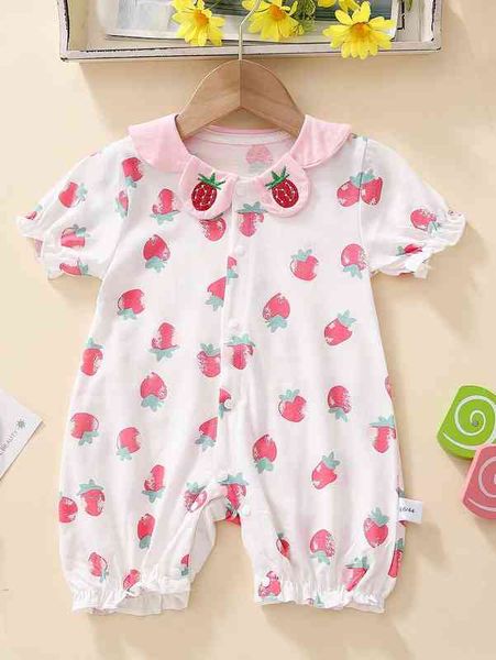 baby strawberry print puff sleeve romper she, Blue