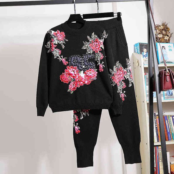 women's two piece pants black knitted outfits women tracksuits 2pc fashion loose beading flowers long sleeve sweater pencil set female, White
women's two piece pants black knitted outfits women tracksuits 2pc fashion loose beading flowers long sleeve sweater pencil set female, White