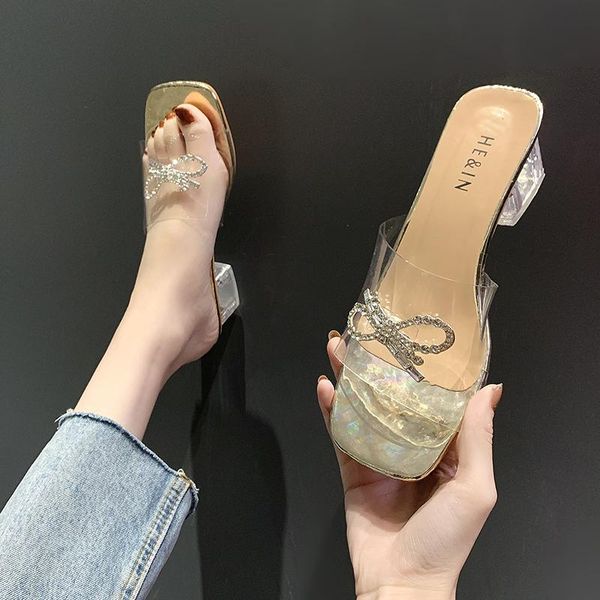 summer women high heels fashion square toe slippers ladies transparent rhinestone buttery-knot female clear slides, Black 
summer women high heels fashion square toe slippers ladies transparent rhinestone buttery-knot female clear slides, Black