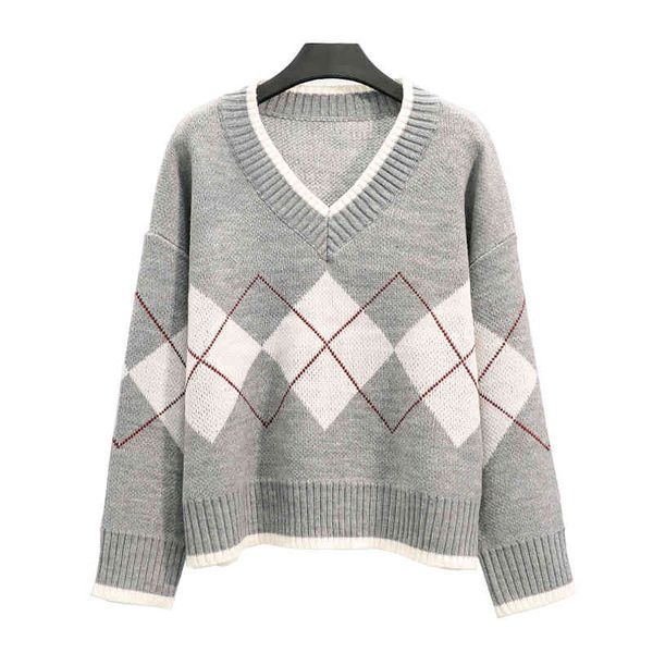 women sweater v neck knitted pullovers long sleeve gray argyle loose autumn winter m0038 210514, White;black
women sweater v neck knitted pullovers long sleeve gray argyle loose autumn winter m0038 210514, White;black