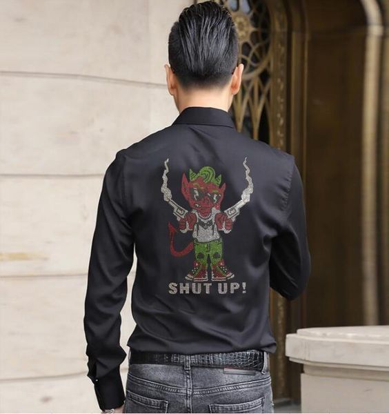 men's casual shirts cartoon design drill man with guns handsome rhinestones men shirt, White;black
men's casual shirts cartoon design drill man with guns handsome rhinestones men shirt, White;black