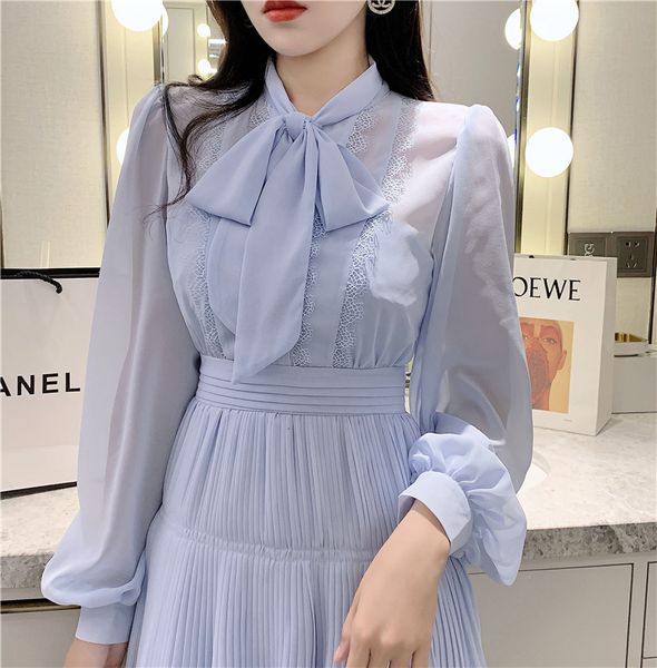 a line sky blue chiffon pleated es women long lantern sleeve bow collar female lace trims party mini, Black;gray
a line sky blue chiffon pleated es women long lantern sleeve bow collar female lace trims party mini, Black;gray