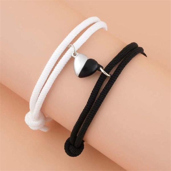 charm bracelets trendy black and white heart-shaped magnetic buckle woven couple bracelet with adjustable length pulseras brazaletes, Golden;silver