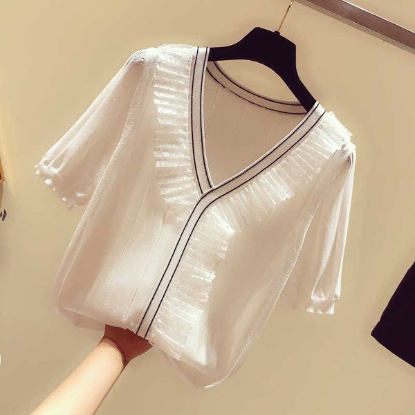 summer short sleeve korean sweater knitted pullover women sweaters basic thin pull femme v neck jumper female 210604, White;black
summer short sleeve korean sweater knitted pullover women sweaters basic thin pull femme v neck jumper female 210604, White;black