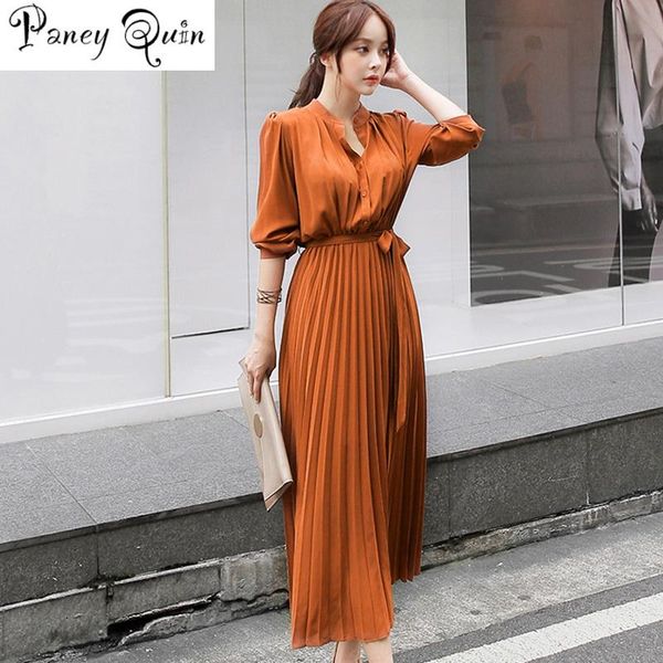 elegant single breasted women pleated dresses full sleeve slim waist a-line casual female long vestidos, Black;gray
elegant single breasted women pleated dresses full sleeve slim waist a-line casual female long vestidos, Black;gray