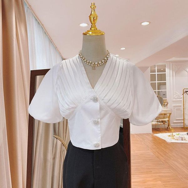 women's blouses & shirts blouse women shirt three-button for summer v-neck puff sleeve blusas mujer de moda, White
women's blouses & shirts blouse women shirt three-button for summer v-neck puff sleeve blusas mujer de moda, White
