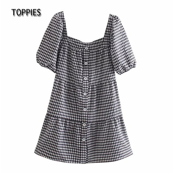 vintage plaid dress square collar mini puff sleeve sweet blouses front button 210421, Black;gray
vintage plaid dress square collar mini puff sleeve sweet blouses front button 210421, Black;gray