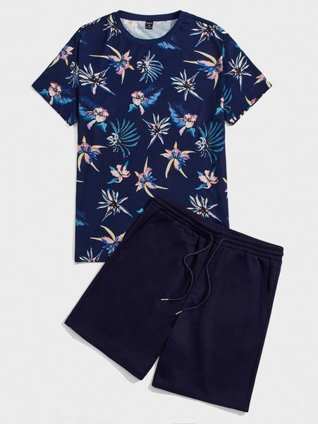 men floral print tee & drawstring waist shorts set 33av#, Gray