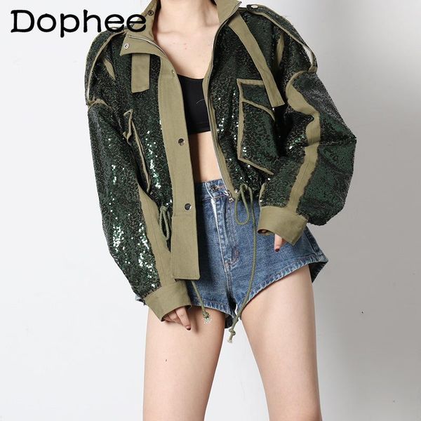 women's jackets 2021 spring autumn fashion clothes pocket stitching embroidery sequins jacket coats women drawstring hem long sleeve f, Black;brown
women's jackets 2021 spring autumn fashion clothes pocket stitching embroidery sequins jacket coats women drawstring hem long sleeve f, Black;brown